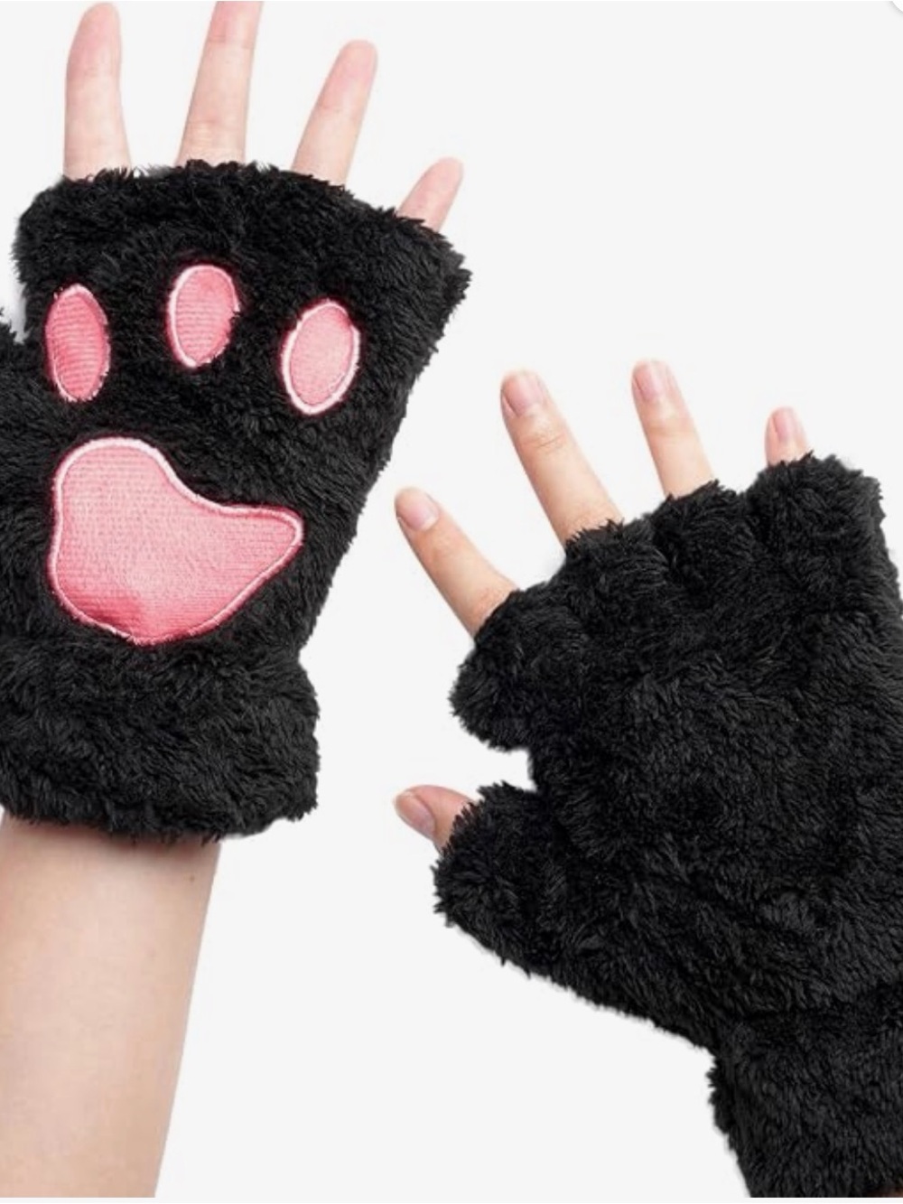 Black Fuzzy Kids Fingerless Gloves with Pink Paw Accent Costume Accessory